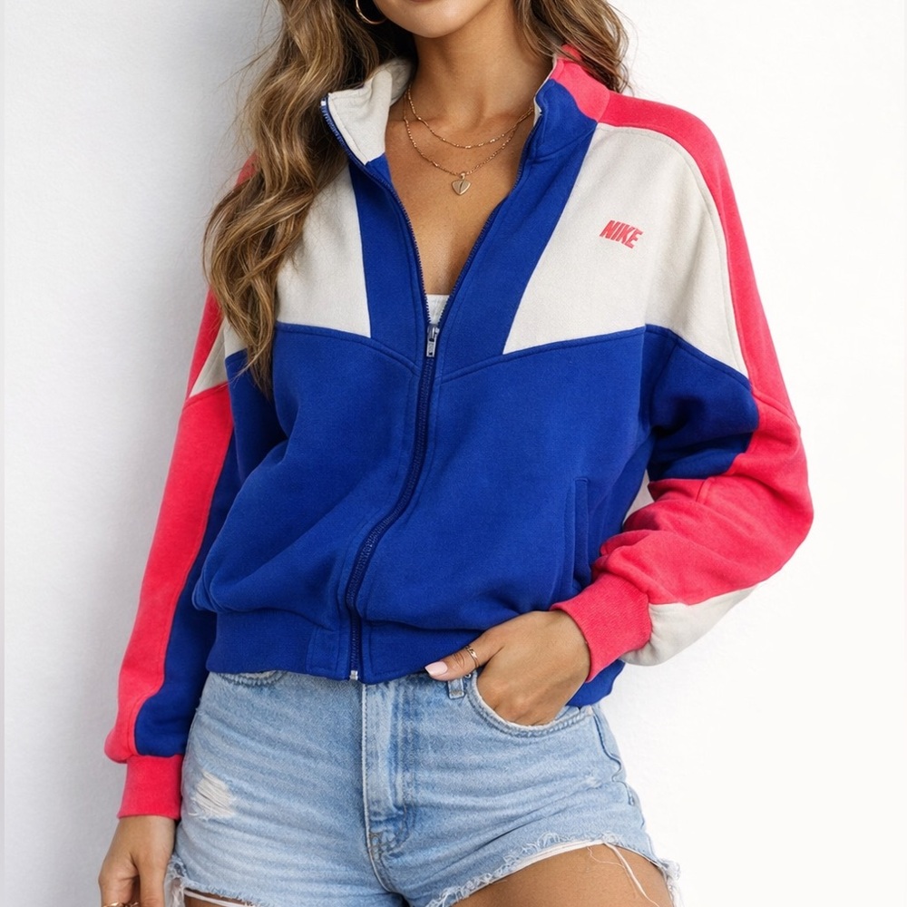 Nike Women's Vibrant Blue and Pink vintage zip up sweater Jacket